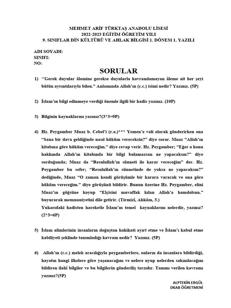 9 Din 1 Donem 1 Yazili Klasik 2 Cevapli | PDF
