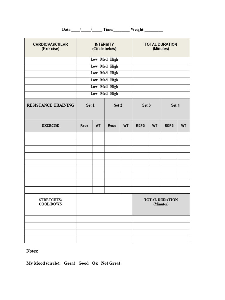 Cardio Resistance Training Log Blank Sheet PDF