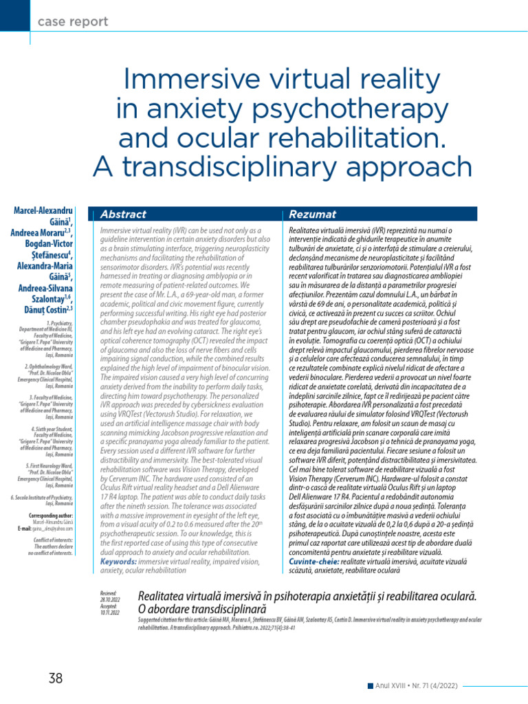 Immersive Virtual Reality in Anxiety Psychotherapy and Ocular