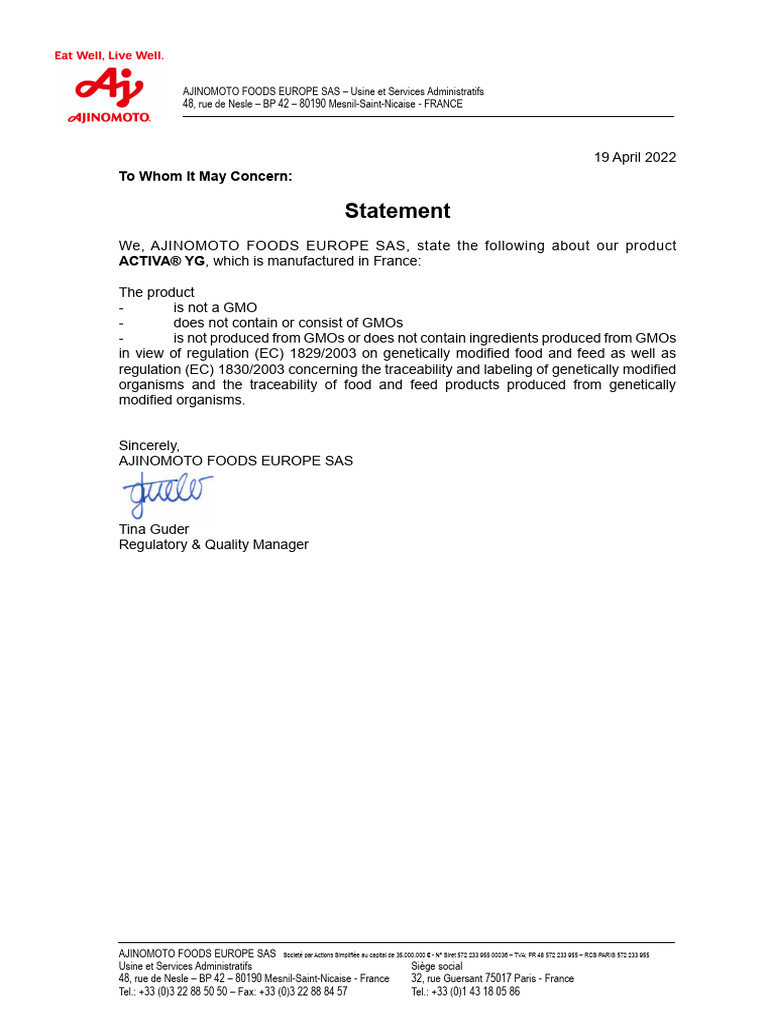 Activa YG Non-GMO Certification Statement | PDF | Business | Wellness