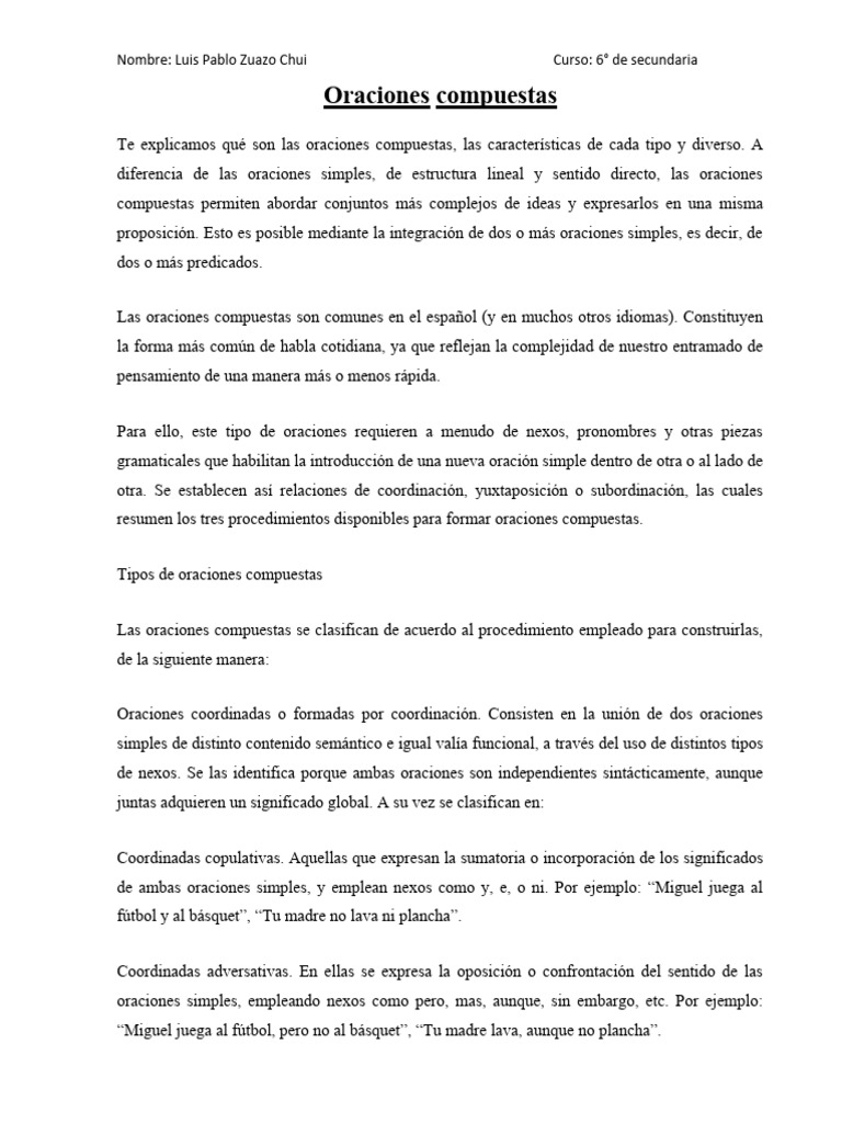 Estructura y tipos de oraciones compuestas | PDF | Oración (Lingüística ...