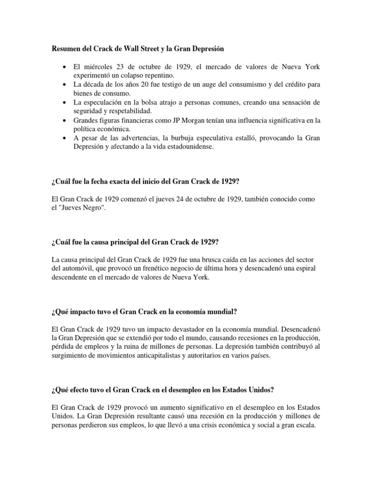 El Gran Crack de 1929 y su Impacto | PDF | Gran depresion | Accidente ...
