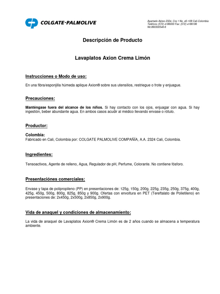 Lavaplatos Axion Crema Limón 890300546 | PDF