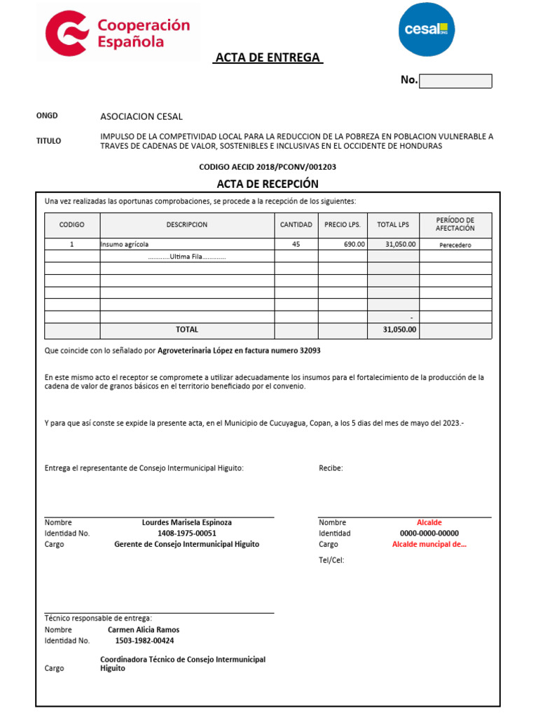 Acta de Entrega: Asociacion Cesal | PDF | Economias