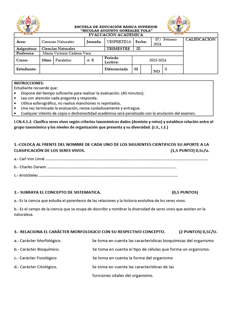 Evaluación de Ciencias Naturales 10mo | PDF | Organismos | Biología ...