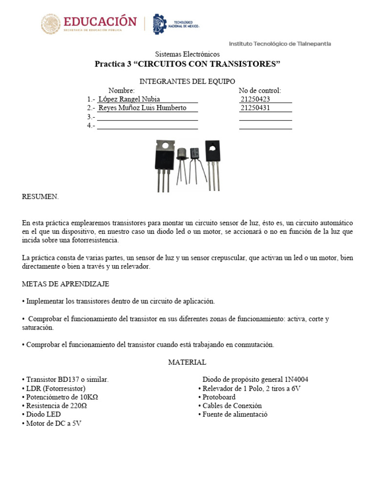 Práctica 3 Transistores | PDF | Diodo emisor de luz | Corriente eléctrica