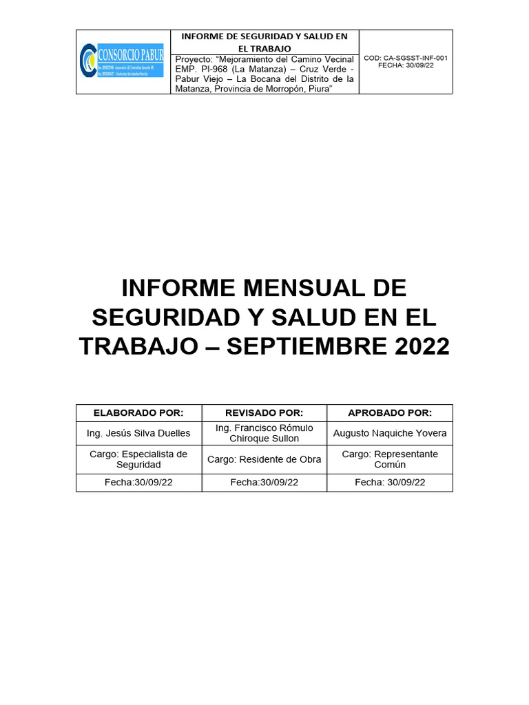 Informe Mensual de Seguridad Laboral - Sept 2022 | PDF
