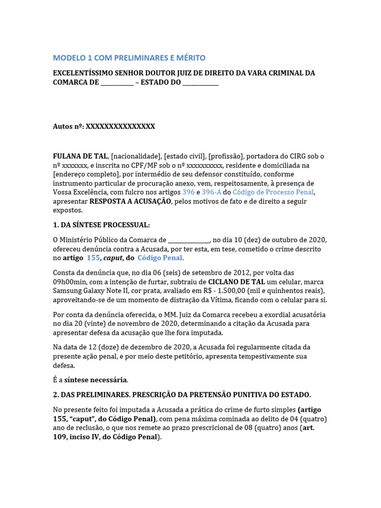 Modelo de Resposta à Acusação Penal | PDF | Procedimento criminal ...