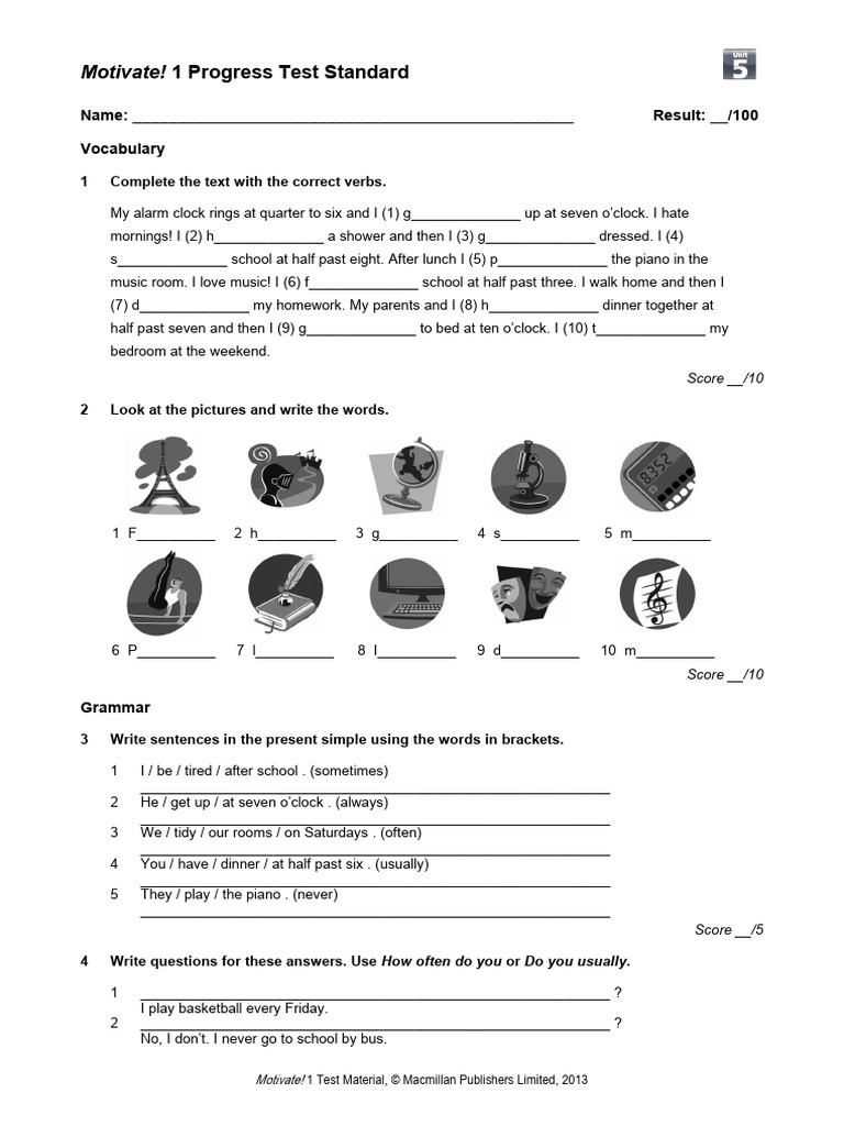 Motivate! 1 Test U5 Standard | PDF | Grammar | Human Communication