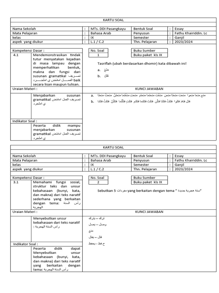 Kartu Soal Bahasa Arab Kelas IX | PDF