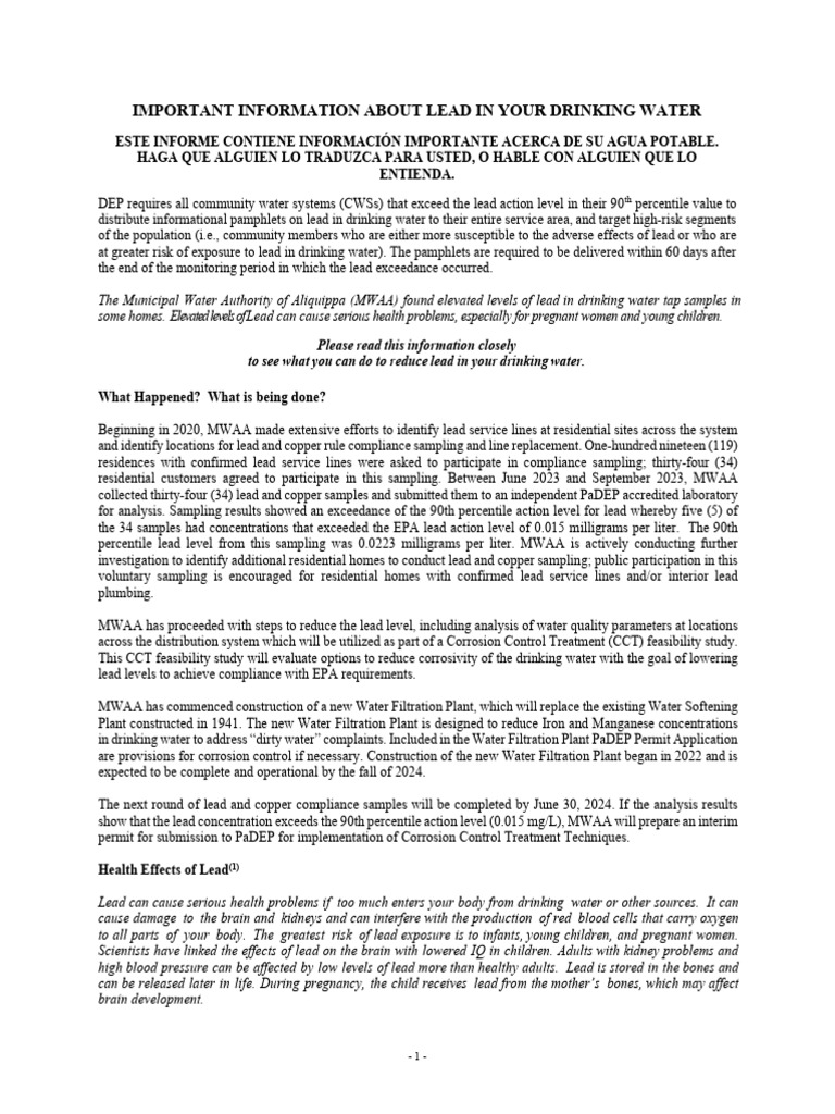 Aliquippa Letter About Elevated Lead Levels in Water | PDF | Lead ...