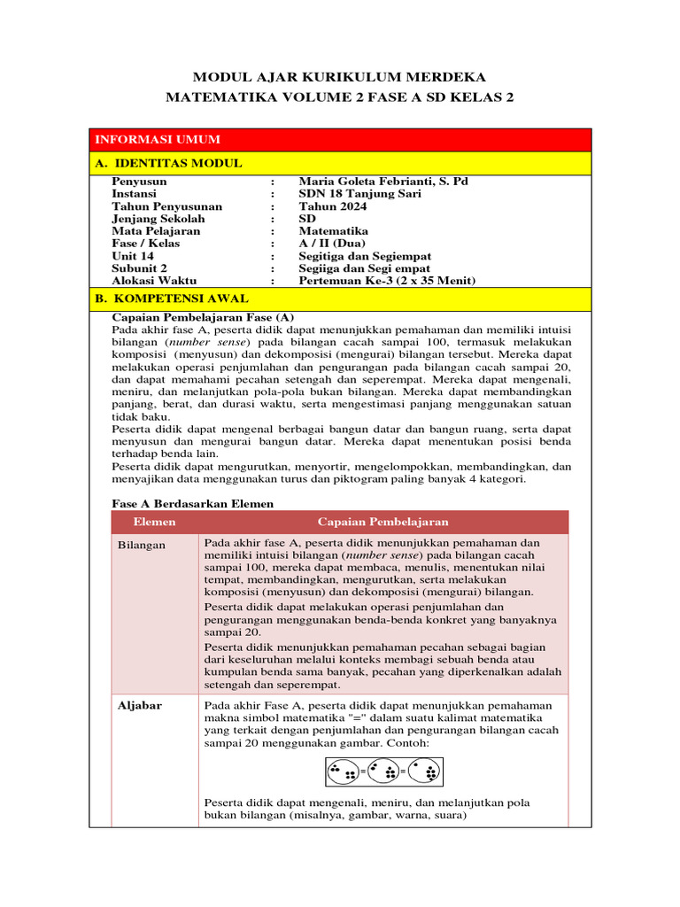 Modul Ajar Matematika SD Kelas 2 Fase A | PDF