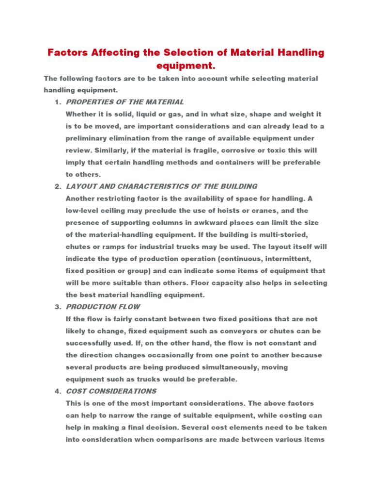 Factors Affecting The Selection of Material Handling Equipment PDF Crane (Machine) Equipment
