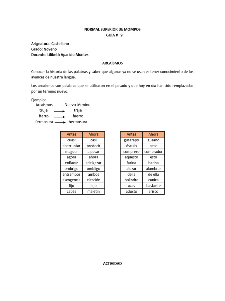 Guía #9 Arcaísmos | PDF | Artes del Lenguaje y Comunicación | Estudios ...