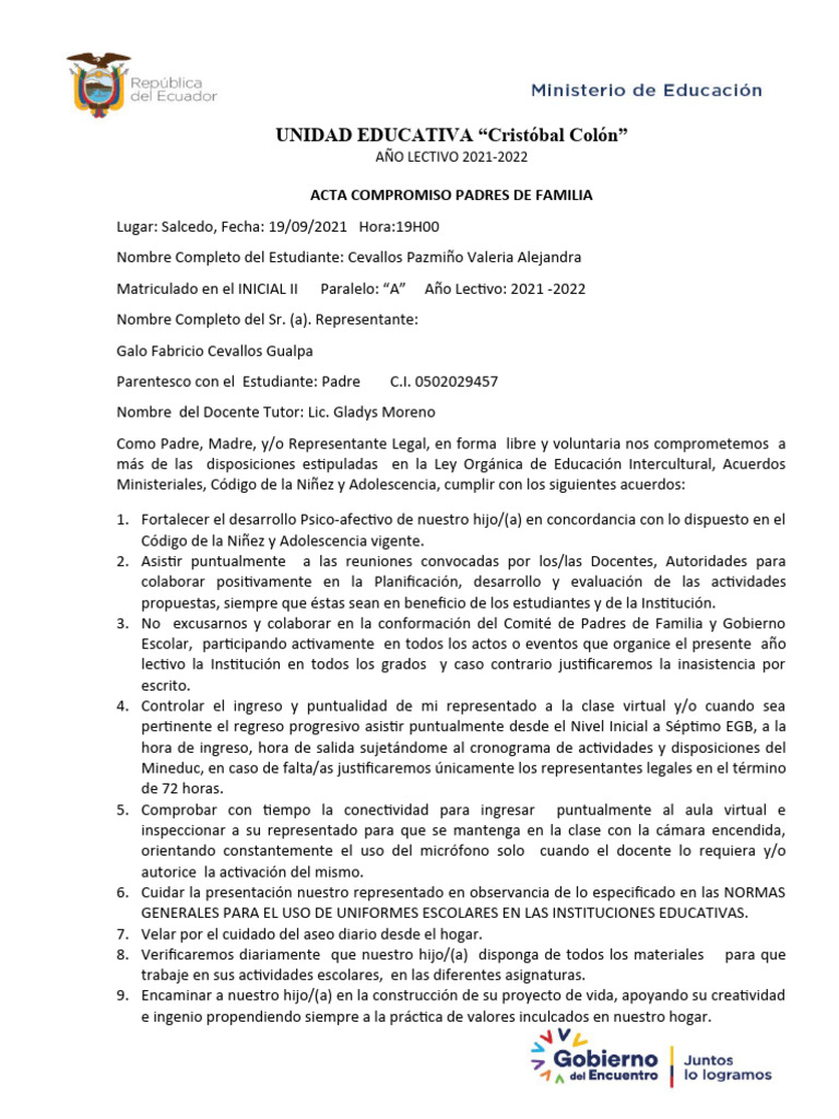 ACTA DE COMPROMISO PADRES DE FAMILIA 2021-2022 Final | PDF | Institución