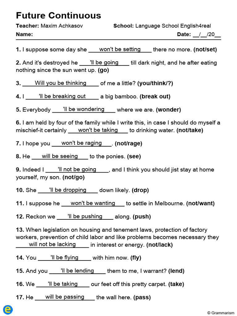 Future Continuous Tense Exercises | PDF