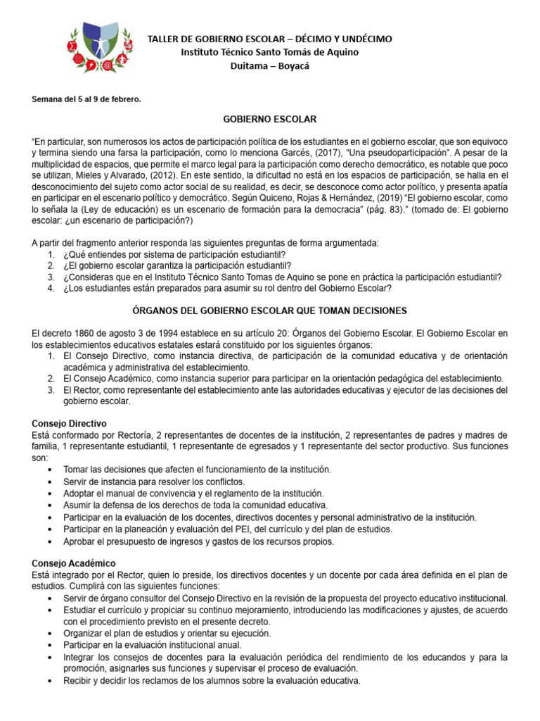 Taller de Gobierno Escolar | Descargar gratis PDF | Plan de estudios ...