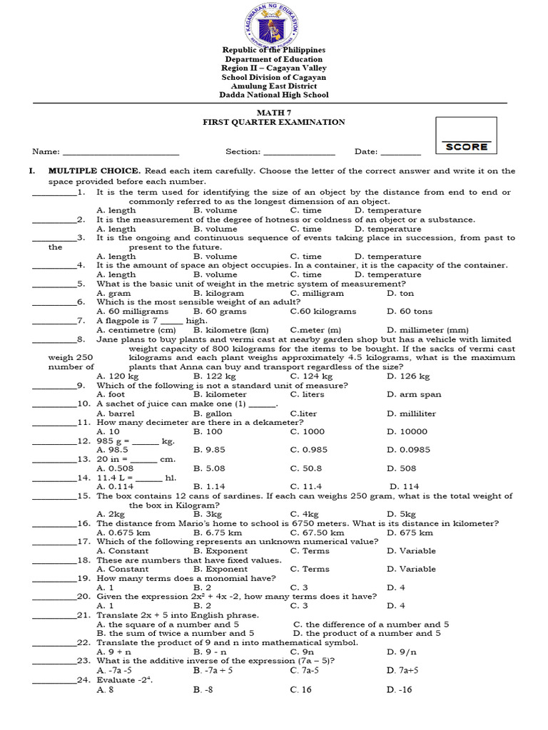 Math 7 First Quarter Exam Philippines | PDF | Volume | Metrology