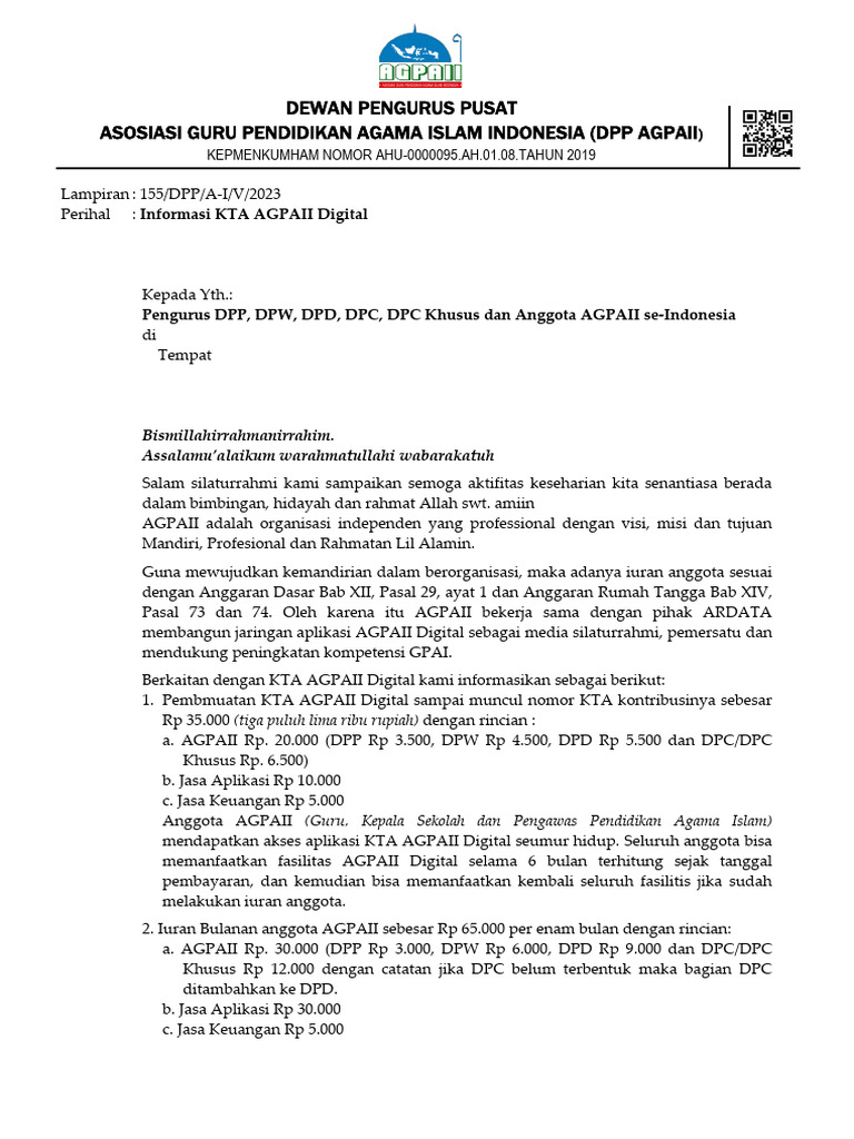 155 09052023 Surat Edaran Iuran Anggota AGPAII | PDF
