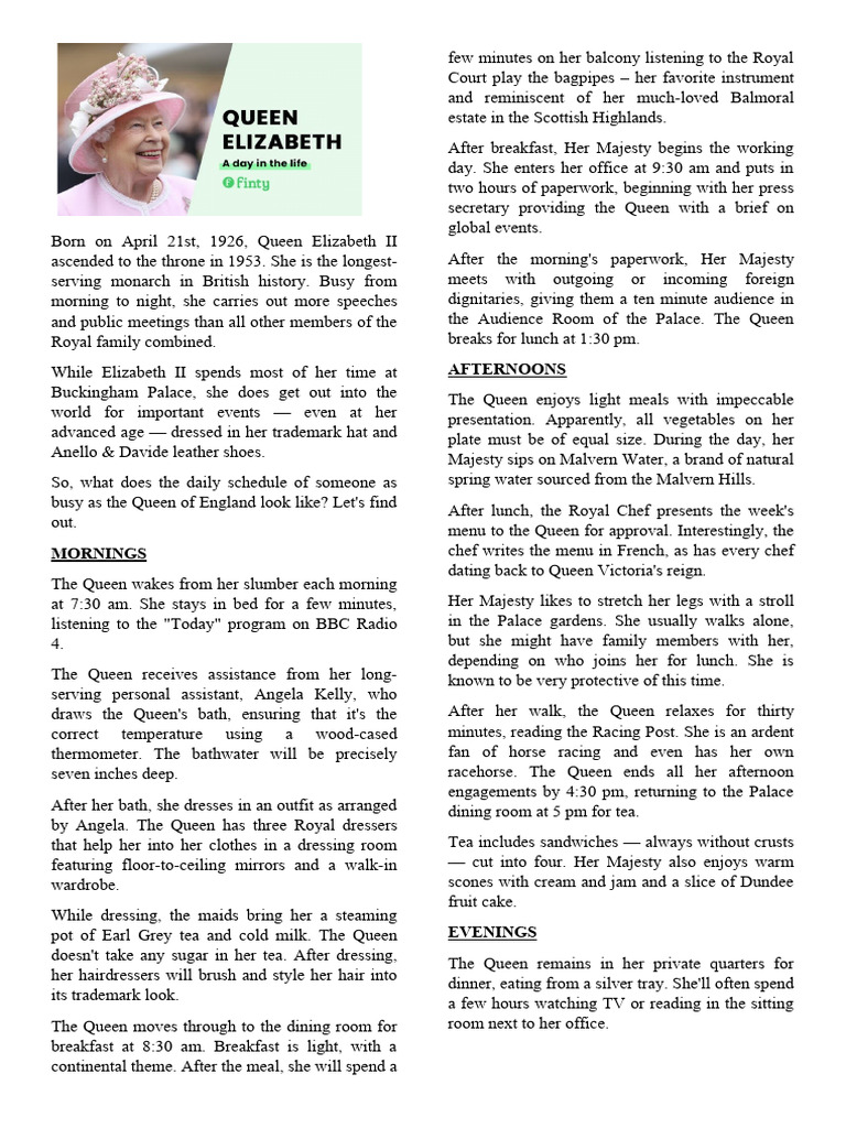 Queen Elizabeth Daily Routine | Download Free PDF | Elizabeth Ii | Meal