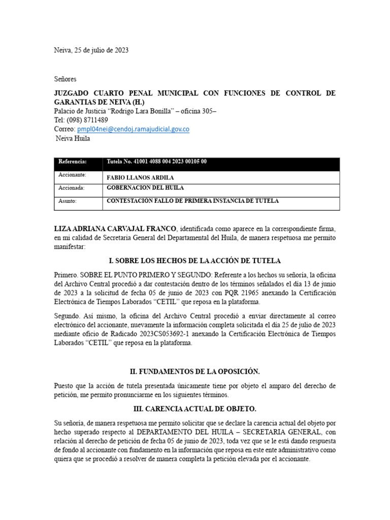 Contestacion Accion de Tutela | PDF