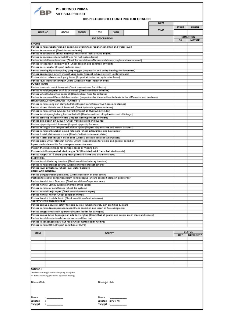 Motor Grader Inspection Sheet | PDF | Axle | Transport