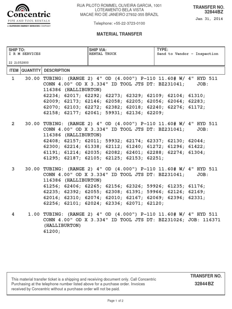 Material Transfer Ticket for Tubing Shipment | PDF | Service Industries ...