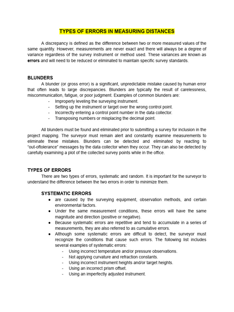 Measuring Distance Errors in Surveying | PDF | Surveying ...