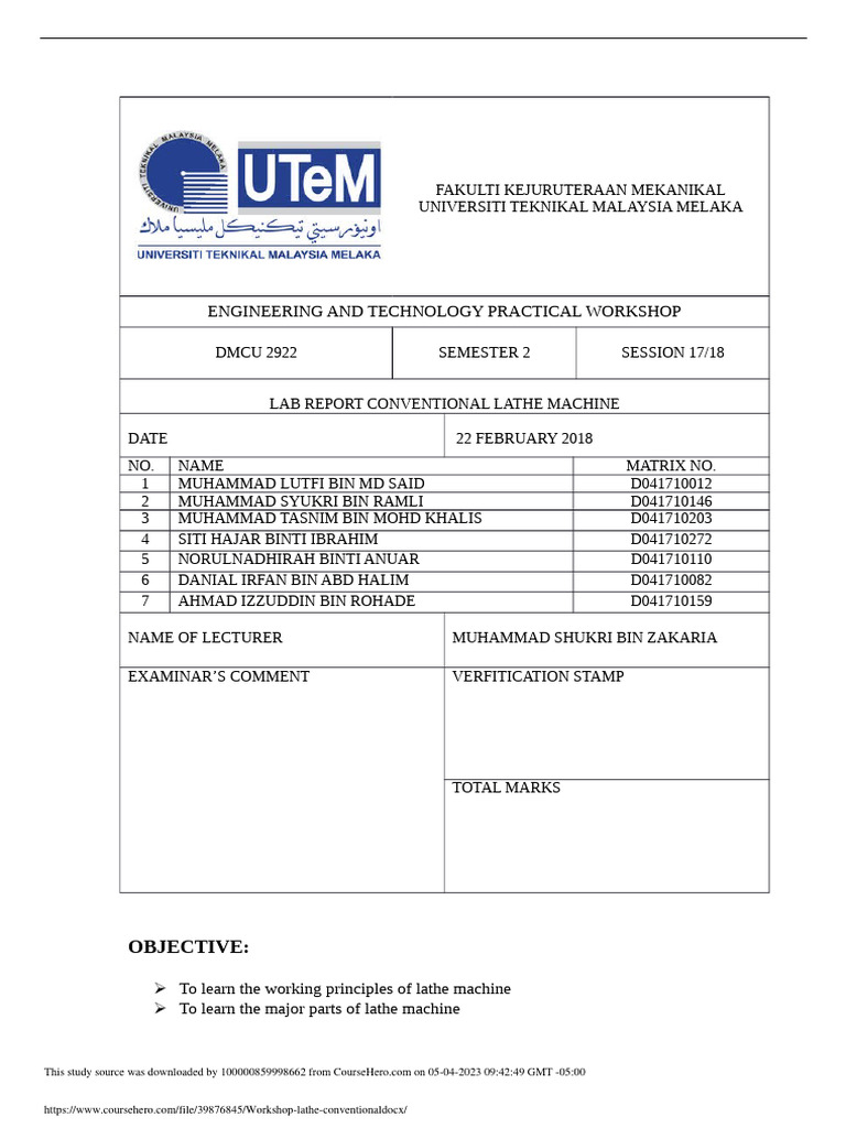Conventional Lathe Machine Lab Report | PDF | Drilling | Metalworking