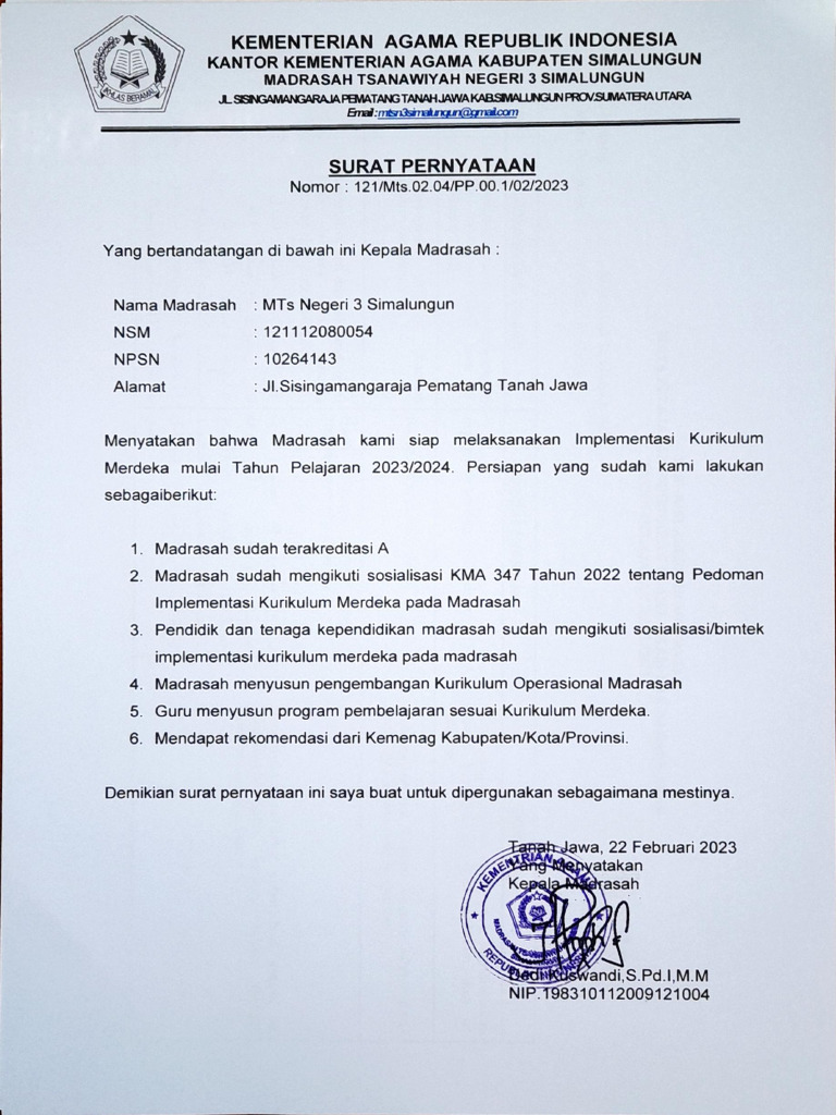 Surat Pernyataan Kurikulum Merdeka Pdf