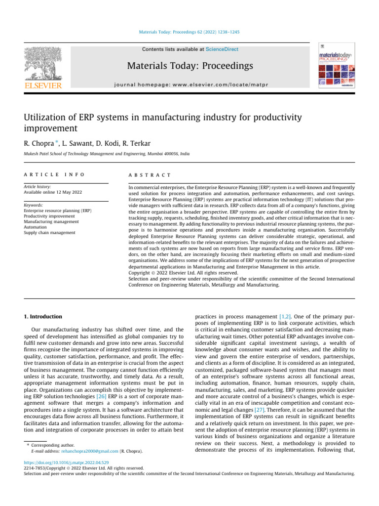 Utilization of ERP Systems in Manufacturing Industry For Productivity ...