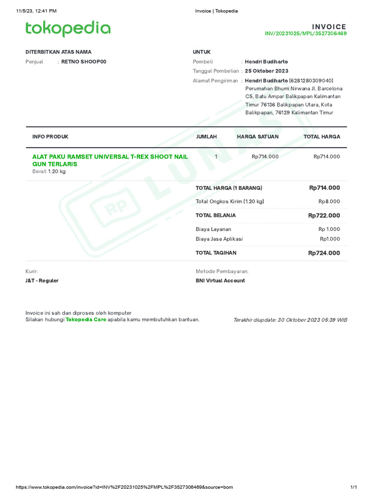 Invoice Pembelian Alat Paku T-Rex | PDF