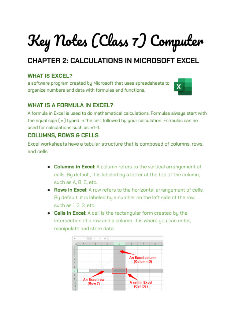 Excel Basics for Class 7: Formulas & Functions | PDF | Microsoft Excel ...