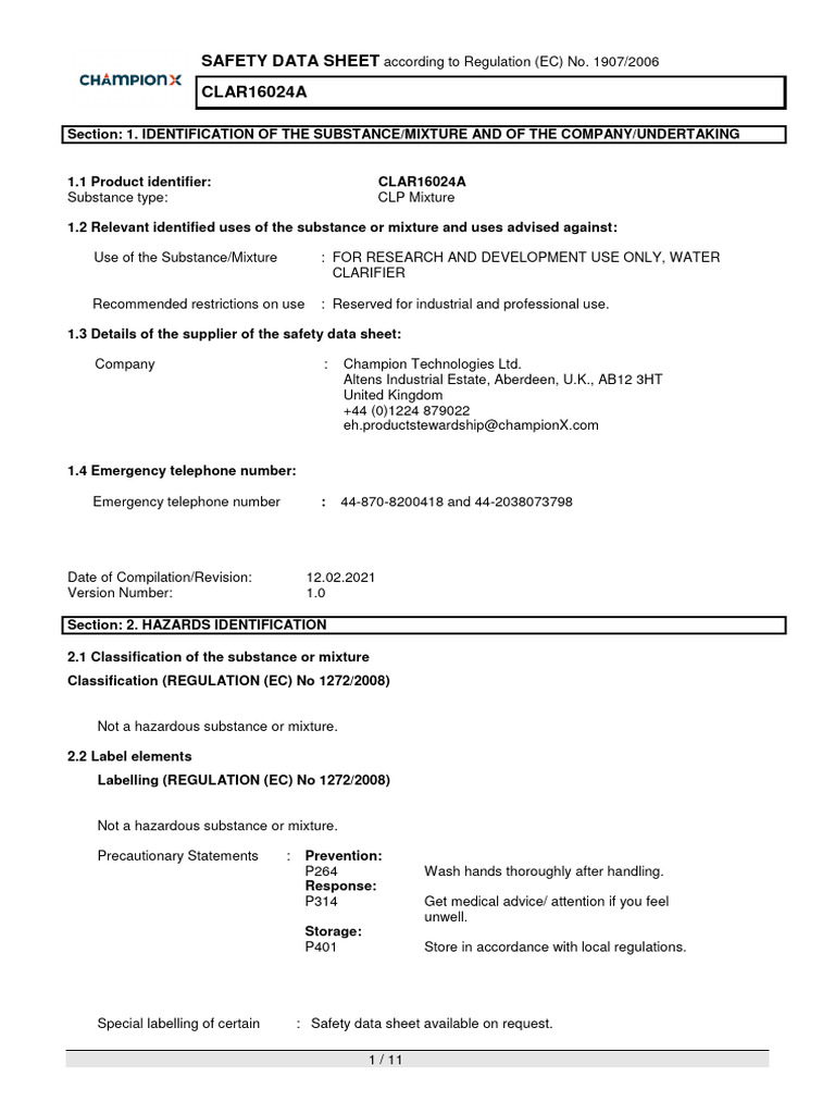 Safety Data Sheet for CLAR16024A | PDF | Dangerous Goods | Toxicity