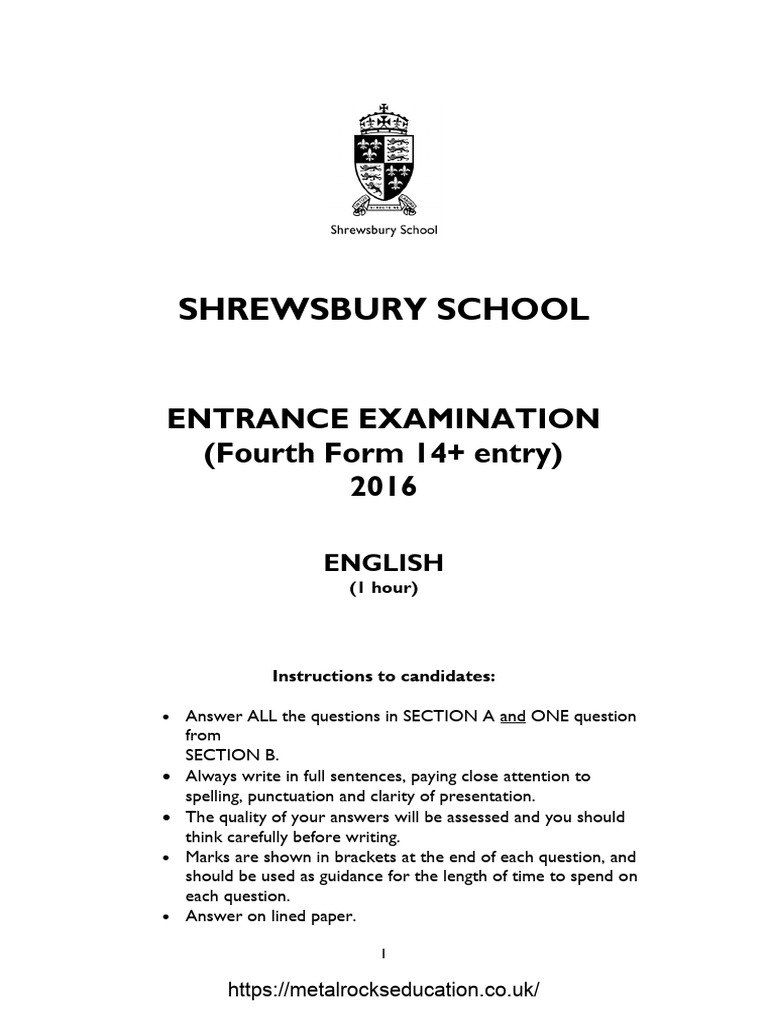 Shrewsbury School 14+ English Exam 2016 | PDF