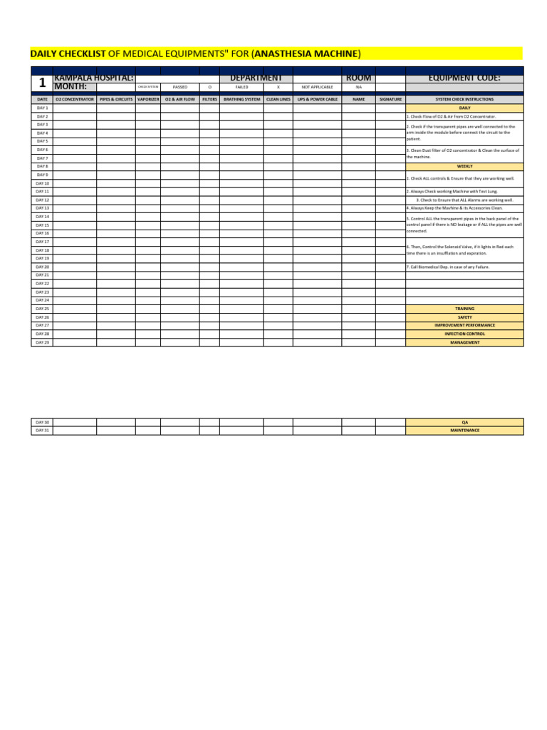 Daily Medical Equipment Checklist | PDF | Manufactured Goods | Equipment