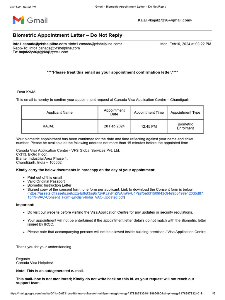 Biometric Appointment Confirmation Email | PDF | National Security ...