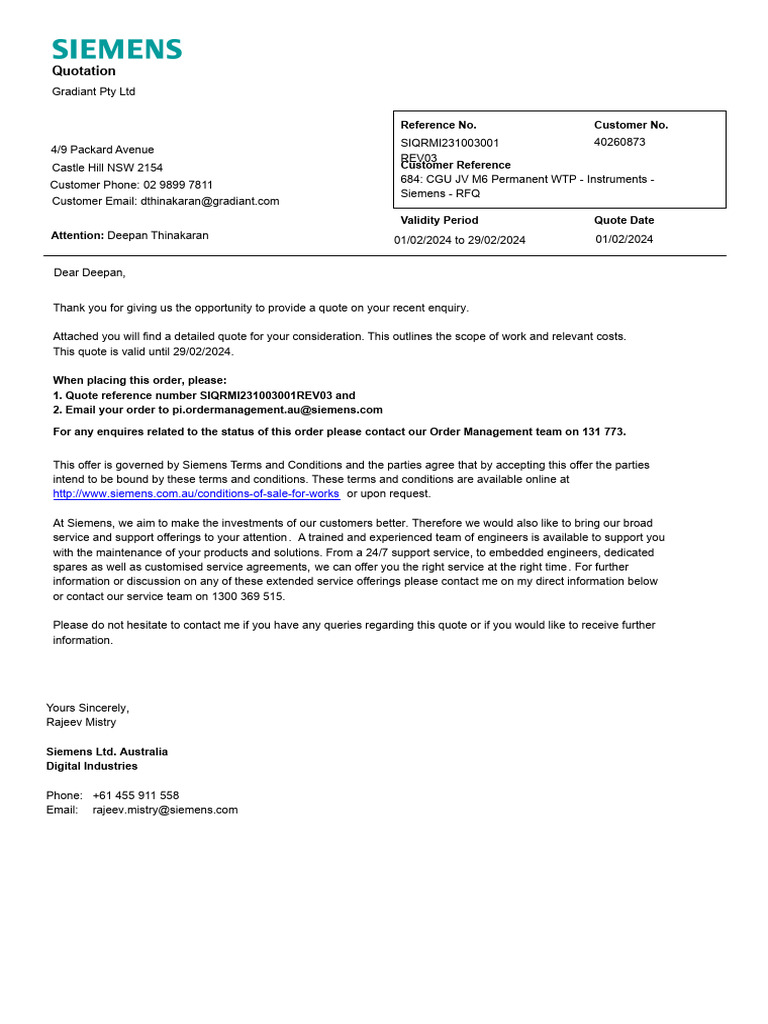 Siemens Quotation for Flow Measurement Equipment | PDF | Flow ...