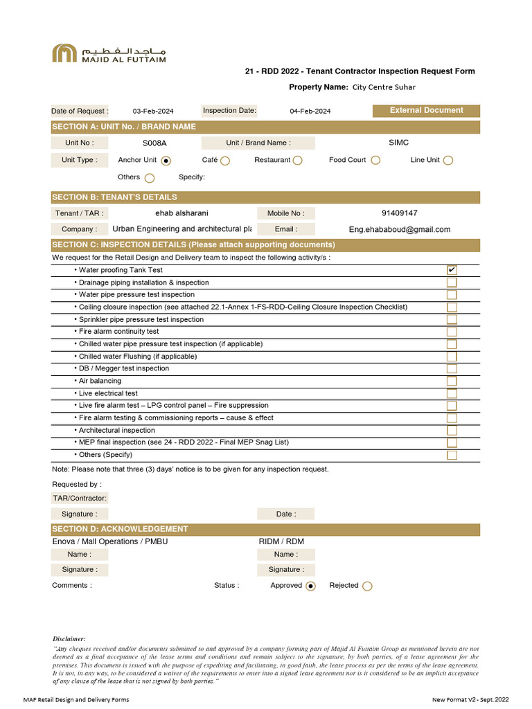 Tenant Contractor Inspection Request Form | PDF | Lease