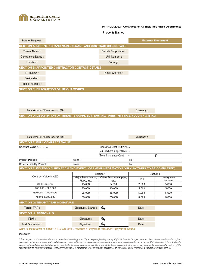 Contractor All Risk Insurance Form 2022 | PDF | Lease | Insurance