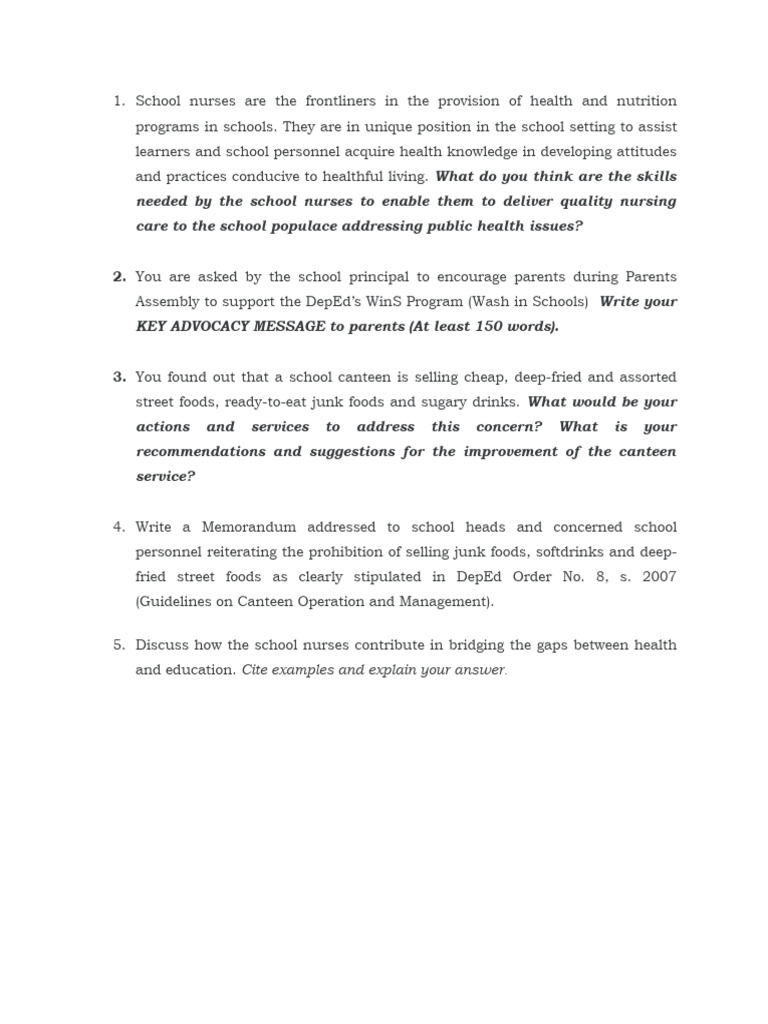 School Nurse Questions 2 PDF