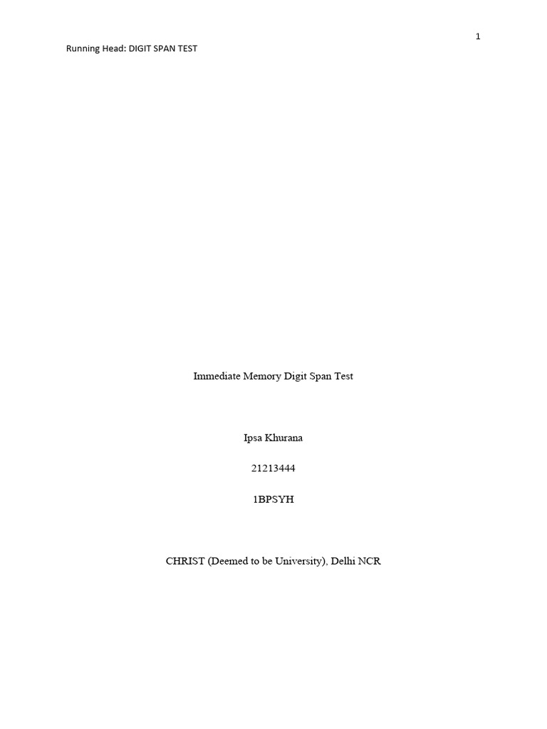 Immediate Memory Digit Span Test Analysis | PDF | Intelligence | Cognition