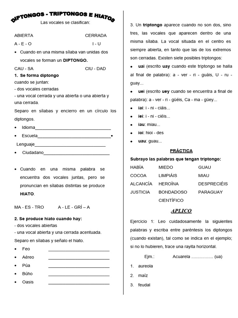 Diptongo Hiato y Triptongo para Cuarto de Primaria | Descargar gratis ...