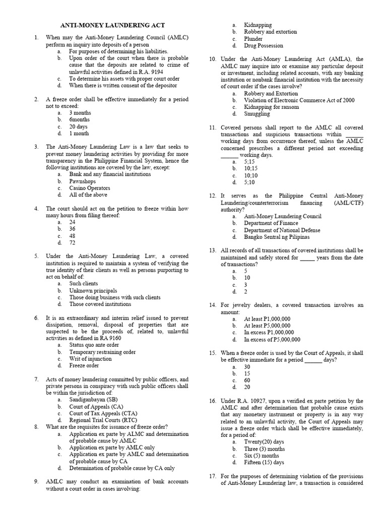 AMLA Exam Questions and Answers Guide | PDF | Money Laundering | Justice