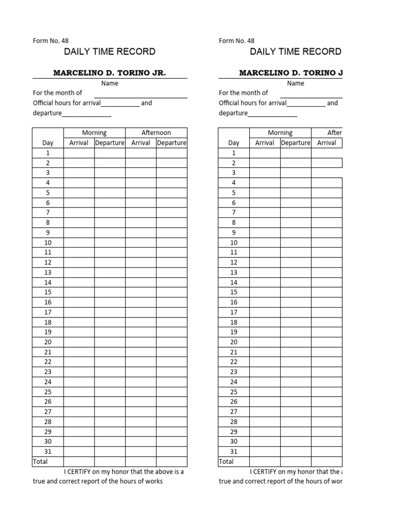 Daily Time Record Form No. 48 | PDF