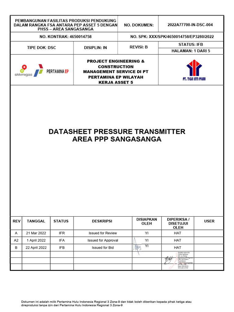 Data Sheet Transmitter Tekanan Sangasanga | PDF