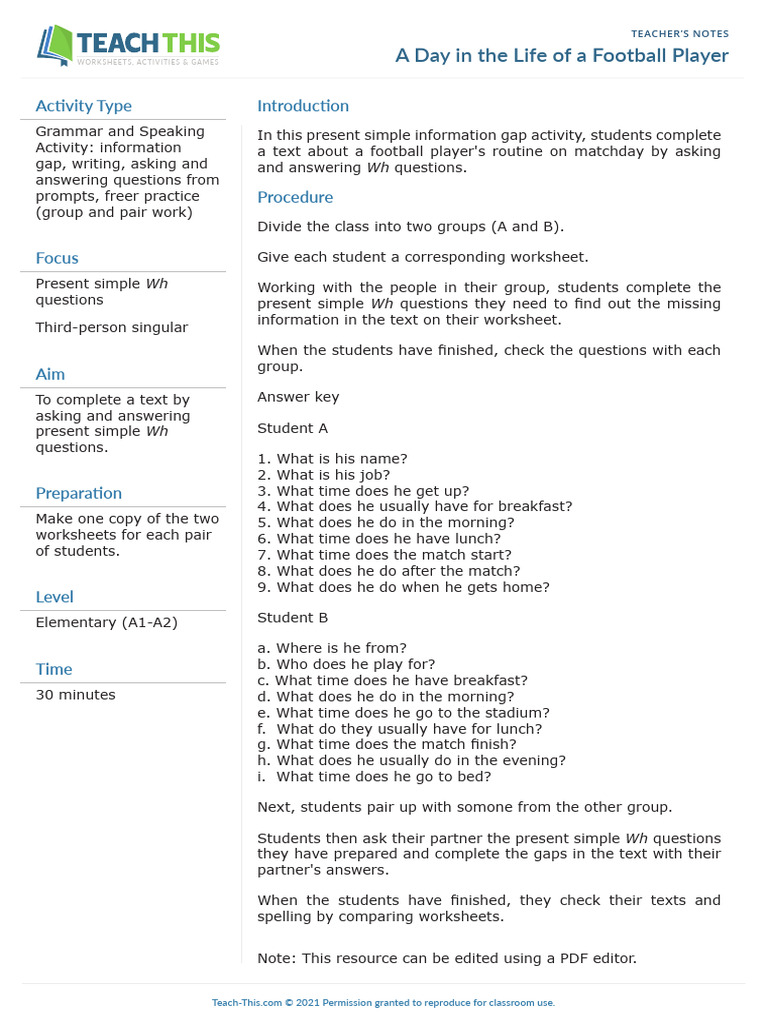 Football Player Routine Activity | PDF | Sports & Recreation | Games ...