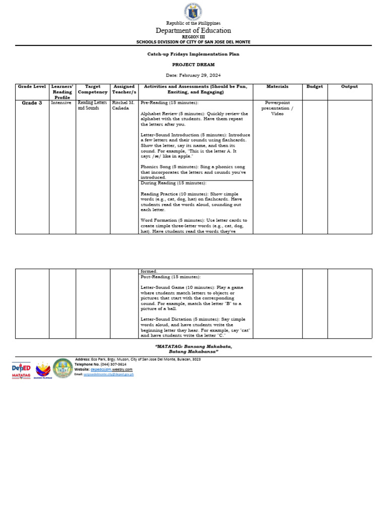 Catch-up Fridays Reading Plan for Grade 3 | PDF | Phonics | Education ...