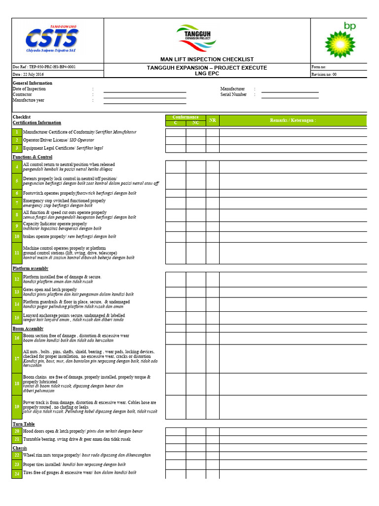 Checklist Inspeksi Manlift | PDF