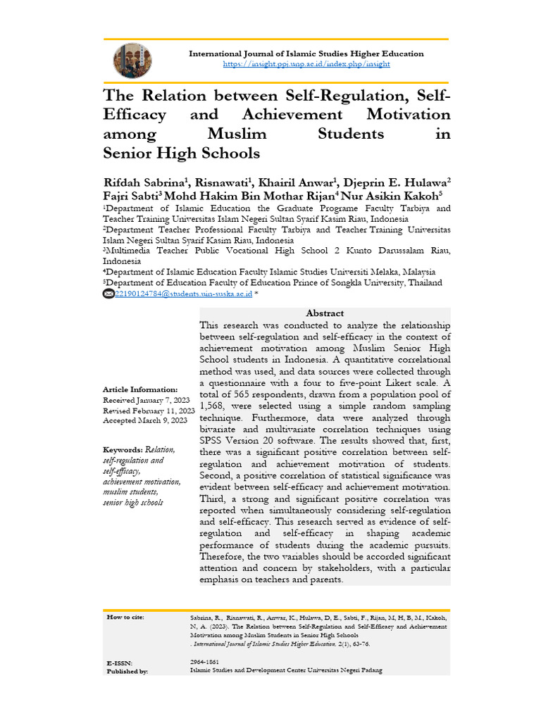 Self-Regulation and Motivation in Muslim Students | PDF | Self Efficacy ...